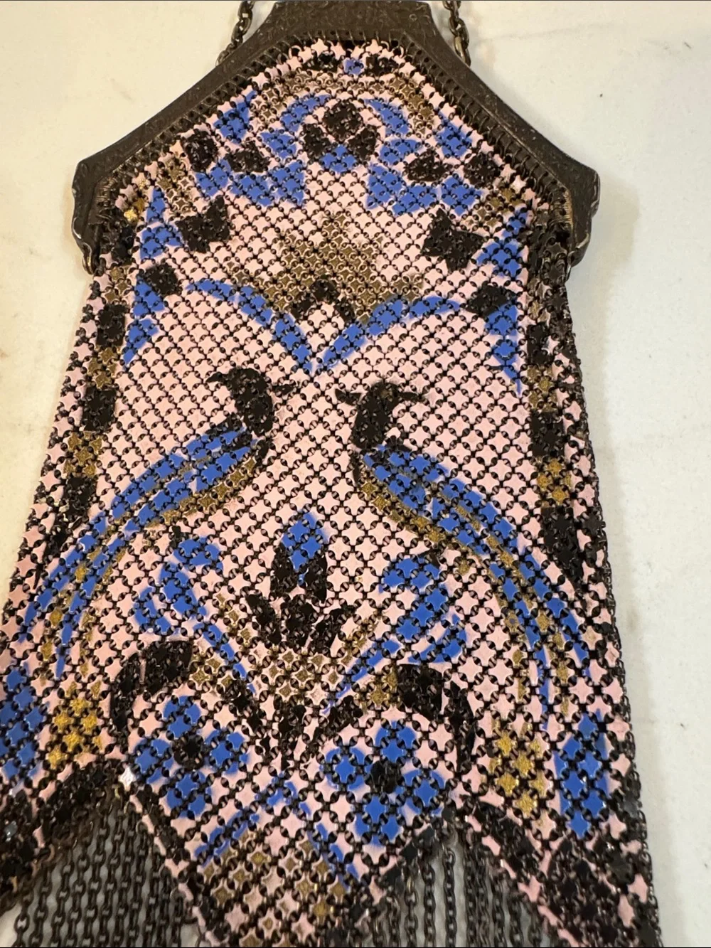 Antique Mandalian Mesh Enamel Flapper Purse Birds w/ Fringe